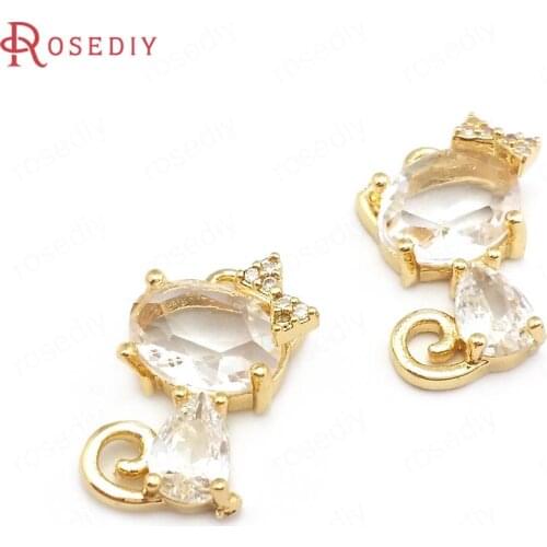 40714)10PCS 15X9MM 24K Champagne Gold Color Brass and Zircon Cat Charms Pendants Jewelry Making Supplies Diy Accessories
