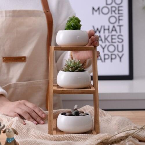 White Succulent Ceramic Flower Pot Three-layer Bamboo Frame Combination Flower Pot Home Gardening Decoration
