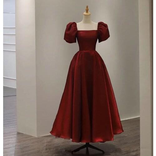 Burgundy Vintage Evening Dress Short Sleeves Square Collar A-Line Empire Ankle-length Simple New Party Formal Dresses Woman B833