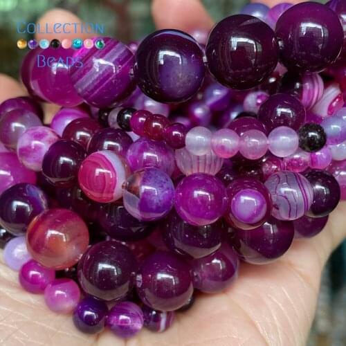 Natural Fuchsia Stripe Agates Stone Spacer Loose Round Beads For Jewelry Making 4-12 mm Diy Bracelets Accessories 15" Wholesale