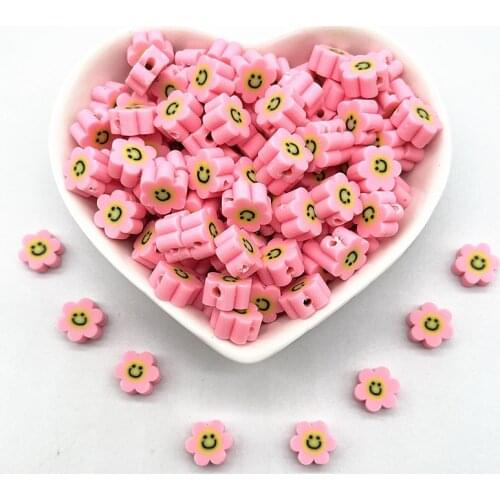 NEW 30pcs 10mm Dark Pink Smiley Face Sunflowe Beads Polymer Clay Spacer Loose Beads for Jewelry Making DIY Bracelet Accessories