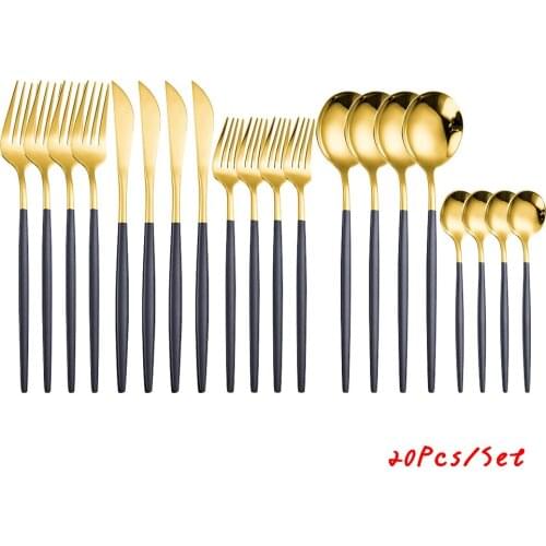 Black Gold Cutlery Set for 4 Peoples Dinnerware Set Stainless Steel Tableware Set Black Knife Fork Spoon Flatware 20 Pcs/Set