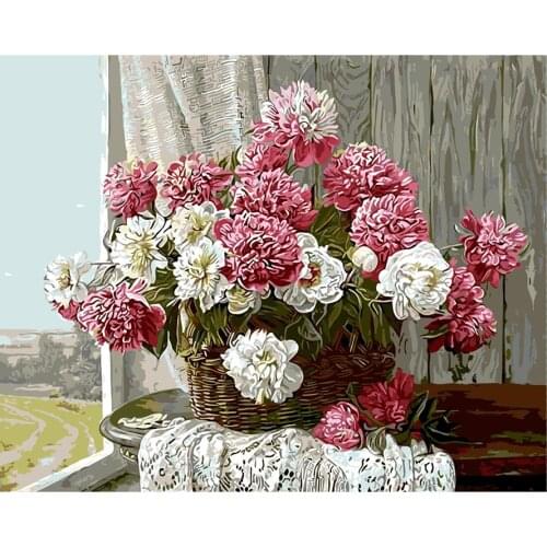 Frameless Picture Painting By Numbers Peony Flower Basket DIY Oil Painting On Canvas Home Decoration For Living Room 40*50 RS317