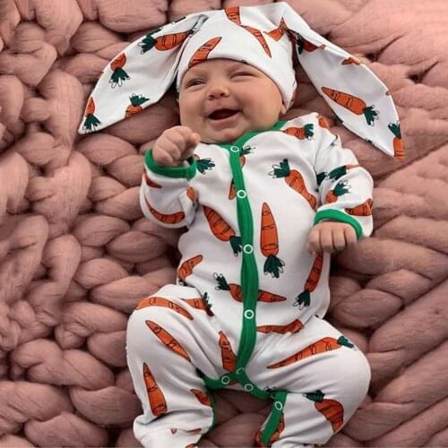 Autumn Baby Outfit Infant Baby Boys Girls Cartoon Carrot Print Romper Jumpsuit With Rrabbit Ears Hat Set Baby Clothes Overalls