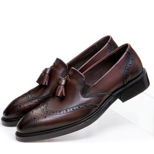 Fashion Black / Brown Tan Loafers Dress Shoes Mens Wedding Shoes Genuine Leather Prom Shoes Male Groom Shoes With Tassel