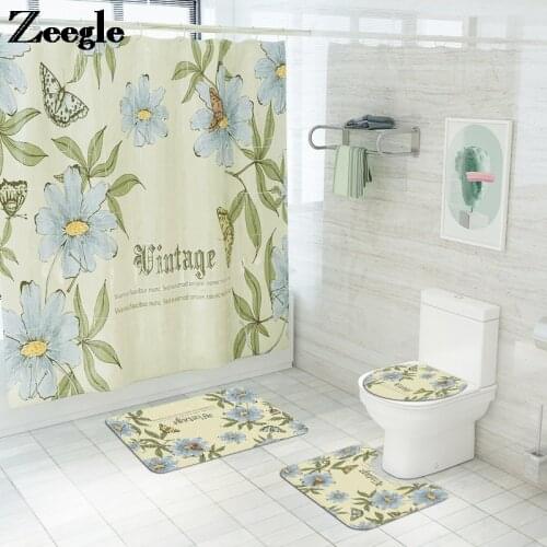 Flannel Absorbent Bathroom Mat Set with Shower Curtain Bath Mat Waterproof Bath Curtain Set for Bathroom Toilet Carpet Mats