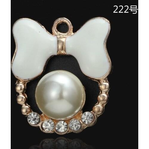 Wholesale 50PCs 24*21mm Alloy Gold Color Crystal Imitation Pearl Bowknot Charm for Women Fashion Jewelry Accessories DIY