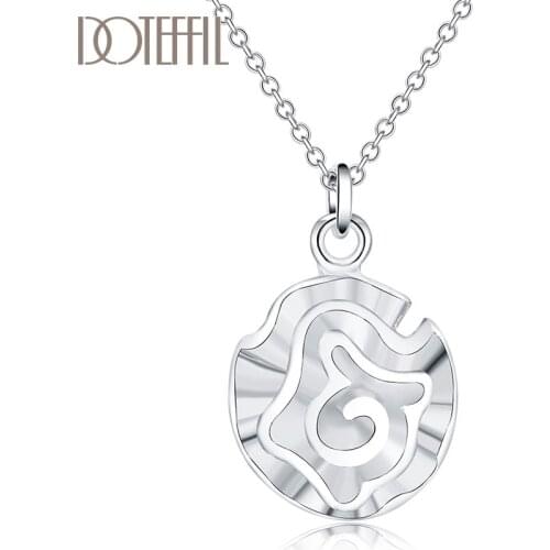 DOTEFFIL 925 Sterling Silver 18 Inches Rose Flower Pendant Necklace For Women Fashion Wedding Party Charm Jewelry