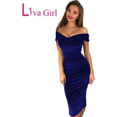 LIVA GIRL Chic Velvet Sexy Bodycon Midi Dress Women Off Shoulder Elegant Ruched Party Dresses Club Black Blue Vestidos Mujer XXL