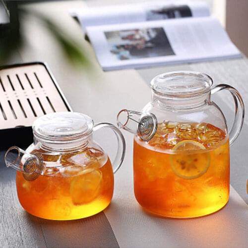 Clear Glass Teapot Heat Resistant Flower Kettle Water Pitcher with Bamboo / Stainless Steel Cover Transparent Fruit Juice