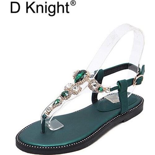 Luxurious Rhinestone Crystal Decoration Ankle Strap Flat Sandals For Women New Fashion Concise Women Flips Flips Big Size 35-40