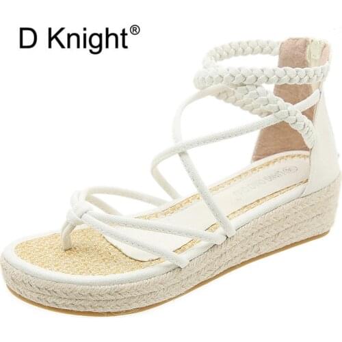 New Summer Flip Flops Womens Sandals Shoes Platform Hemp Linen Woven Back Zipper 4cm Heel Wedge Sandal Shoes For Woman Creepers
