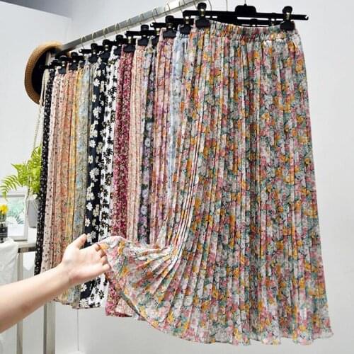 High Waist Floral Midi Skirts Womens Fashion 2021 Spring Summer Korean Chiffon Pleated Skirt Elegant Office A-line Skirt Female