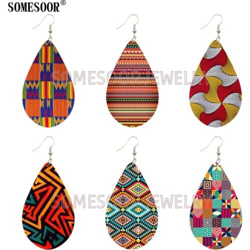 SOMESOOR 2021 New Pattern Tear-Drop Shape Irregular Line Double Sides Printing Dangle African Wooden Earrings For Women
