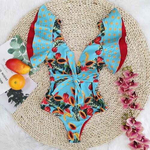 Heavy industry flounces the leaf Edge one-piece swimsuit female Europe and America presses the line big flying sleeve deep v