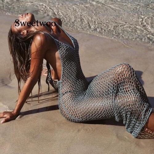SWEETWOO Backless Handmade Crochet Beach Long Dress Female Summer Sundress Hollow Out Boho Summer Maxi Dresses Women Pareos