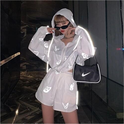 Women Tracksuits 2Piece Set Long sleeve butterfly reflective loose breathable hooded Female Loose Glow Jacket Plus shorts