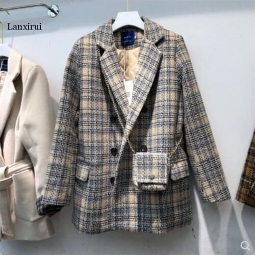 Plaid Suit Coat Women Notched Double breasted Feather Tassel Trim Slim Tweed Jacket With Free Belt bag