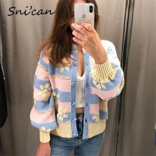 Floral Striped Crop Cardigan Women Fashion Autumn Winter Long Sleeve Knitted Sweater Za Casual Female Tops Vetement Femme 2021