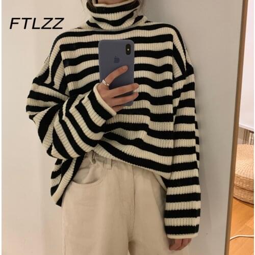New Women Vintage Turtleneck Sweater Autumn Winter Loose Korean Oversized Stripes Knitted Sweater Woman Lazy Oaf Pullover Tops