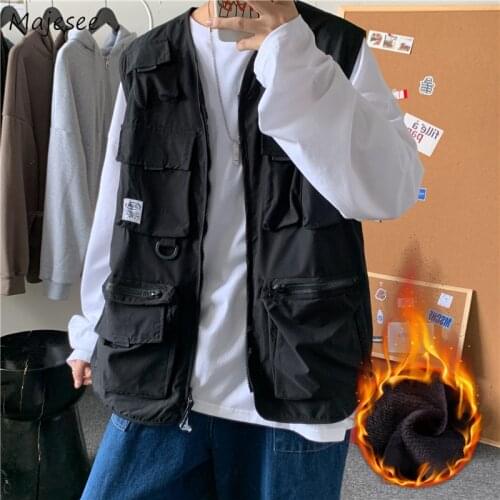 Vests Men Multi-pockets Chic Plus Size 3XL Tactic Teens Japanese Style Plus Velvet Chic Fashion Streetwear Jackets Hip-hop Coat