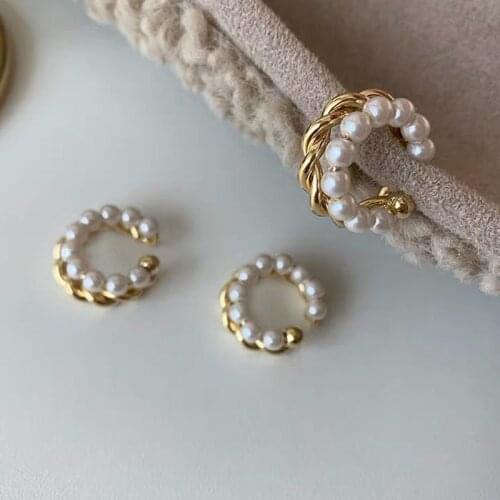 1Pcs Korean Gold Color Double Circle Twist Pearl Ear Cuff Vintage Geometric Circle Earcuff Fake Piercing Pearls Clip on Earings