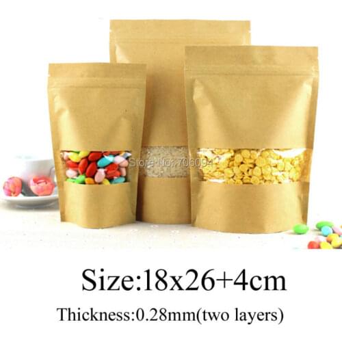 100PCS 18*26+4cm Stand-up Kraft Paper Bag for gift candy coffee tea Window Kraft Zipper/zip lock Bag,Brown Kraft Paper Pouch