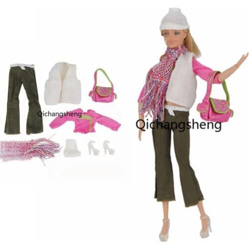 11.5" Fashion Winter Princess Outfit For Barbie Doll Clothes White Coat Jacket Rosy Crop Top Pants Hat Scarf 1/6 BJD Accessories