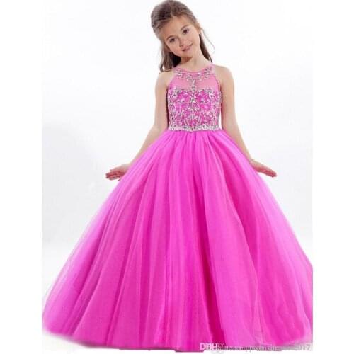 2020 Custom Made Hot Pink Beaded Pageant Dress For Little Girls Full Skirt Long Tulle Kids Party Gown Birthday Prom Dress