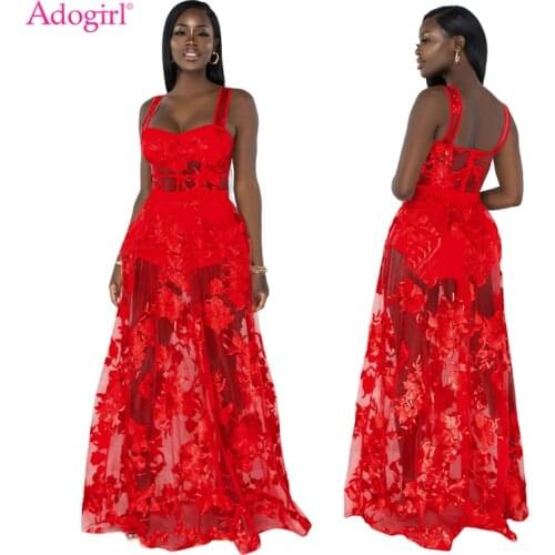 Adogirl Elegant Embroidery Sheer Mesh Two Piece Set Club Party Dress Spaghetti Straps Bodysuit Top Maxi Flare Skirt Suit