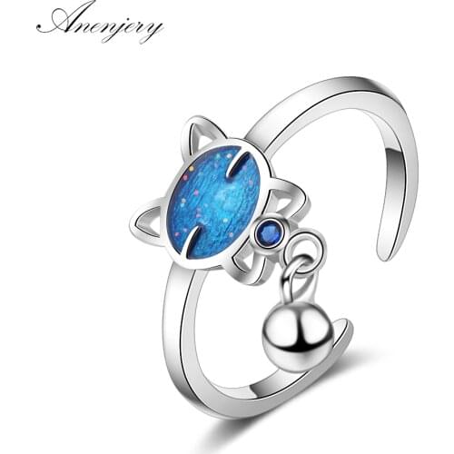ANENJERY 925 Sterling Silver Simple Cute Blue Cat Bead Tassel Adjustable Ring For Women Girl Ring anillos mujer S-R345