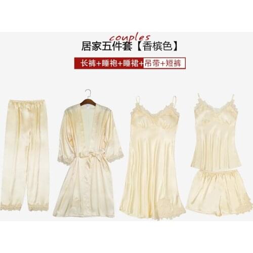 FZSLCYIYI 6 Color 5/4/3/2Pcs Satin Sleepwear Women Lace Trim Pajamas Silk Homewear Sleep Lounge Pyjama With Chest Pads