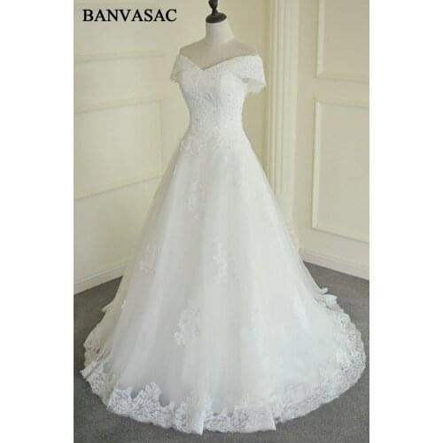 BANVASAC 2018 Boat Neck A Line Lace Wedding Dresses Short Cap Sleeve Appliques Plus Size Sweep Train Bridal Gowns
