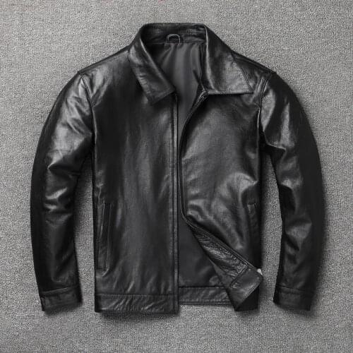 Free shipping.father gift.Wholesales.cheap genuine leather jacket.black simple cowhide coat.Plus size.casual slim leather cloth