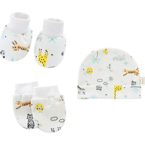 D0AF Baby Cartoon Anti-scratch Gloves Hat Foot Cover Set Handguard Cotton Mittens Beanie Socks Kit for Infant Newborn