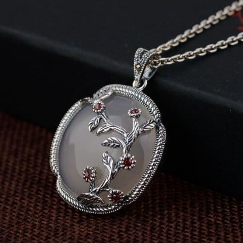 FNJ 925 Silver Pendant for Jewelry Making Original Pure S925 Sterling Silver Pendants Flower Women Natural White Chalcedony