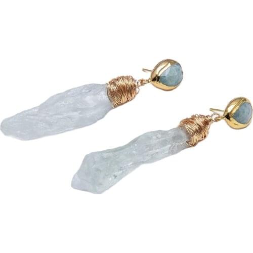 GG Jewelry Natural Green Amethyst Prasiolite Quartz Rough Raw Beads Dangle Green Amazonite Gold Edge Stud Earrings For Women