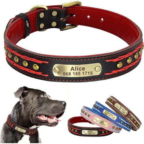 Cool Leather Dog Collar Custom Engraved Pet Collars Soft Padded Necklace With Rivet Accessories For Small Large Dogs Pitbull