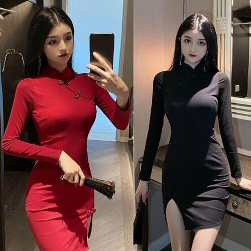 Hot kf-Summer Sexy Cheongsam Style Short Sleeve Waistband Slim Slim Fit Bag Hip Slit Club Dress