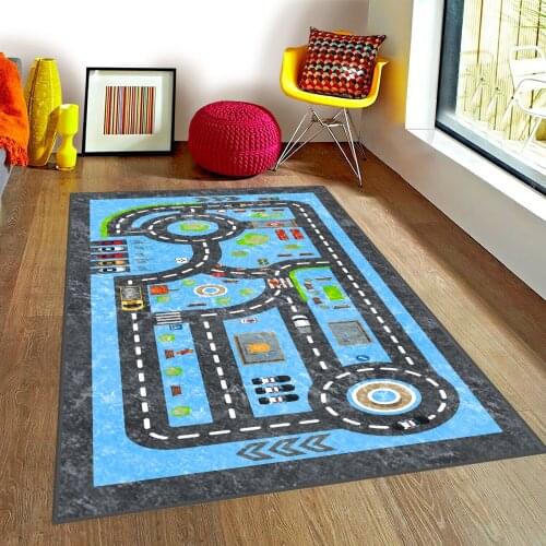 Mavi Çocuk Odası Halısı pist yol polis şehir araba su ağaç gri mavi halı