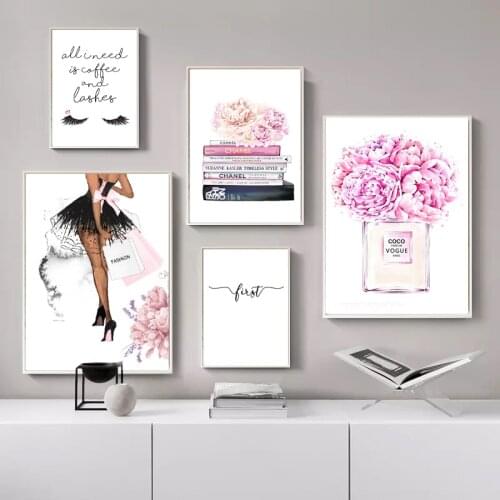 Pink Flower Perfume Fashion Poster Eyelash Heels Makeup Wall Art Canvas Painting Modern Trendy Picture Girl Room Home Decor
