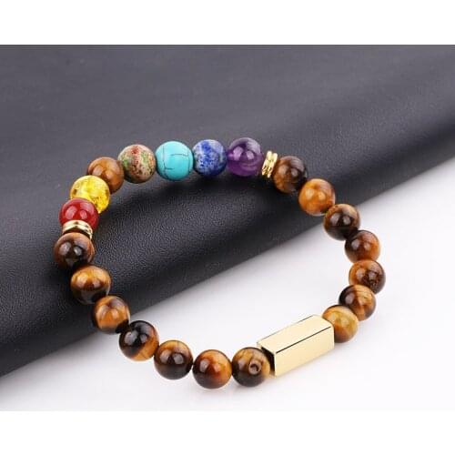7 Chakra Bracelet Yoga Power Bracelet Free Custom Text Gold Stainless Steel Charm Male Beaded Elastic Bracelet Gift Men women