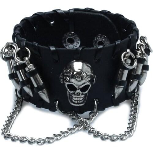 Black Mens Gothic PU Leather Bullet Skull Chain Wristband Bracelets for Men