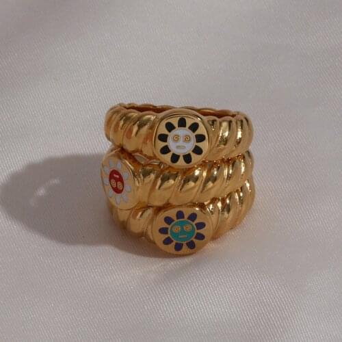 Tarnish Free 2021 Summer Colorful Enamel Dizzy Expression Sunflower Rings 18K Gold Plated Stainless Steel Mood Rings For Women