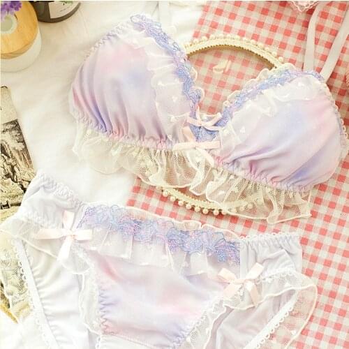 Underwear Women Sexy Lingerie Lace Mesh Fresh Romantic French Style Gradient Bra Briefs Set Soft Wire Free Woman Intimates