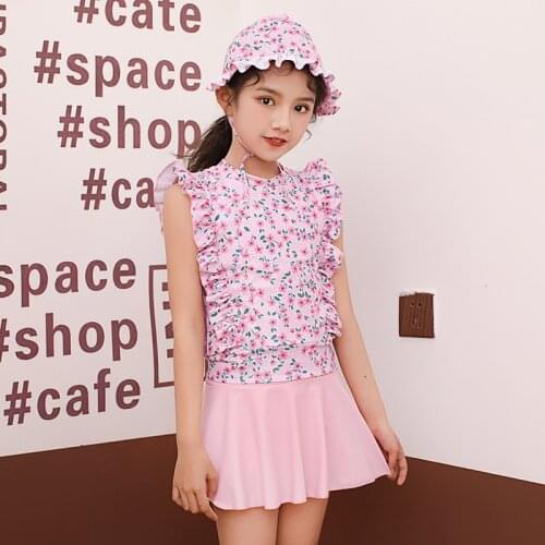 2021 New Girls Quick Dry Swimsuit Split Short Skirt Beachwear Floral Lotus Leaf Hot Spring Children Two-Piece Swimwear Big Kids