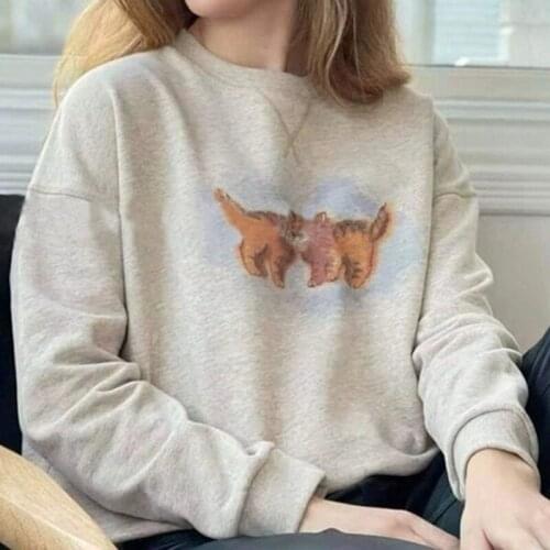2021 Early Spring New Casual Long-sleeved Round Neck Cat Pattern Loose All-match Sweatshirt