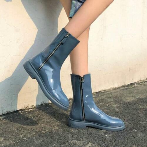 2021 New Ladies Patent Leather Martin Boots Fashion Double Side Zipper Boots Female Comfortable Low Heel Large Size Short Boot