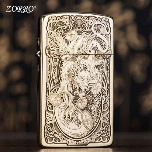 Zorro New Lighter Ultra-thin Original Copper Deep-carved Retro Grinding Wheel Personality Lighter Creative Smoking Accessories