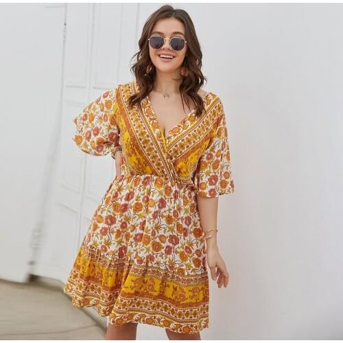 Bohemian Floral Dress Pink Yellow Plus Size Dresses New Arrival Beach Ladies Dress Sexy V Neck Vestido Midi Summer Clothes 2021